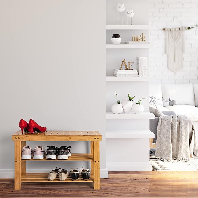 Purawood Bamboo 3 Tier Shoe Rack Bench, Premium Shoe Organizer or Entryway Bench - Image 2