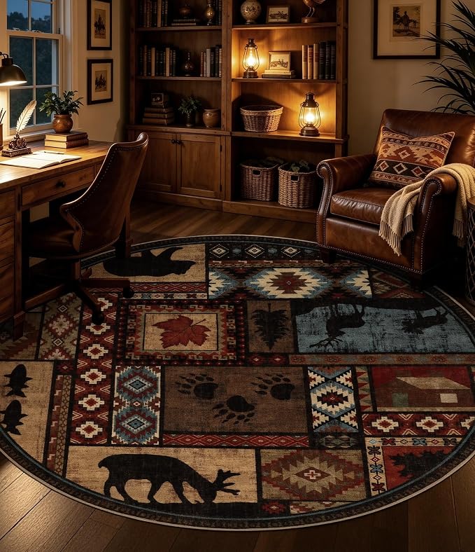 Rustic Round Rug 6ft, Washable Circle Area Rug - Image 5
