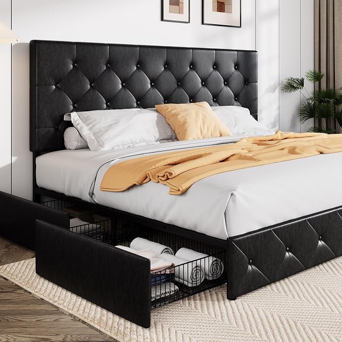 Allewie King Size Black Metal Faux Leather Platform Bed Frame by Allewie