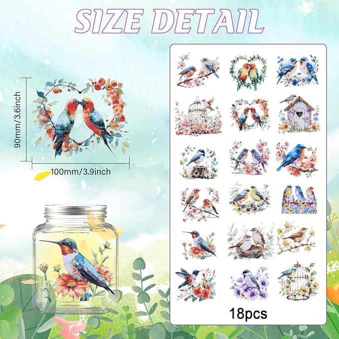 GLOBLELAND 18 Sheets Flowers and Bird Transfer Stickers 3.9x3.6inch Hummingbird - Image 2