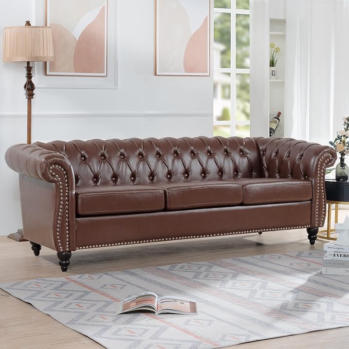 LEVNARY Chesterfield Sofa, Classic Tufted Upholstered Leather Couch, Modern 3 - Image 3