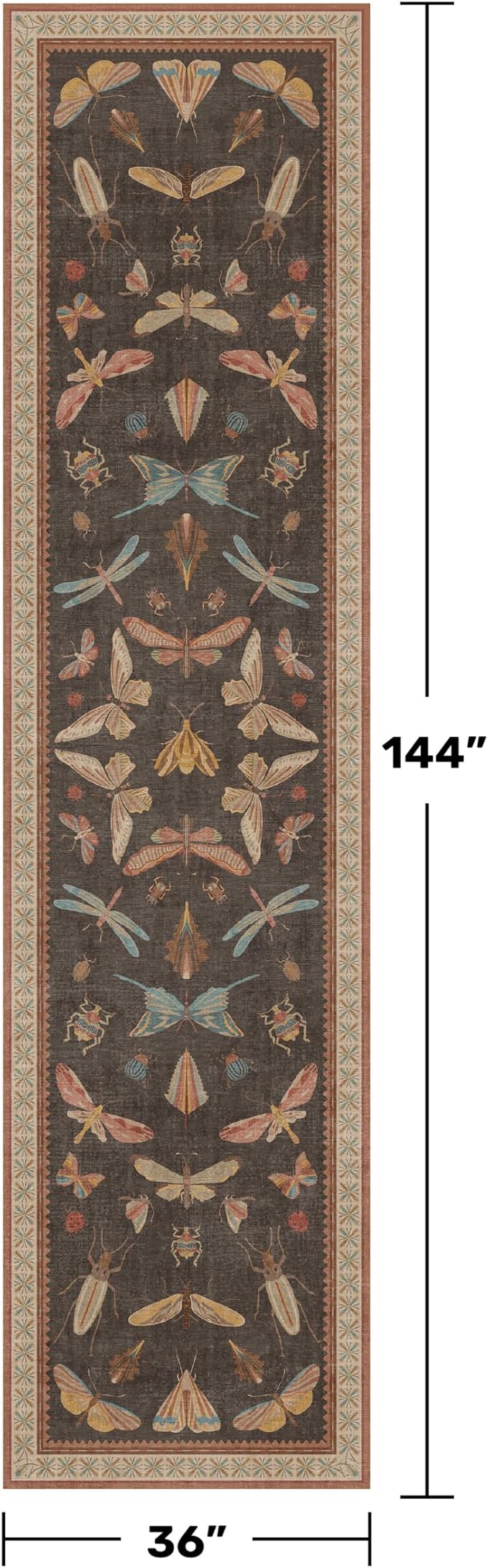 Vintage Insect Moth Runner Rug 3x12, Washable Non Slip Carpet - Image 2