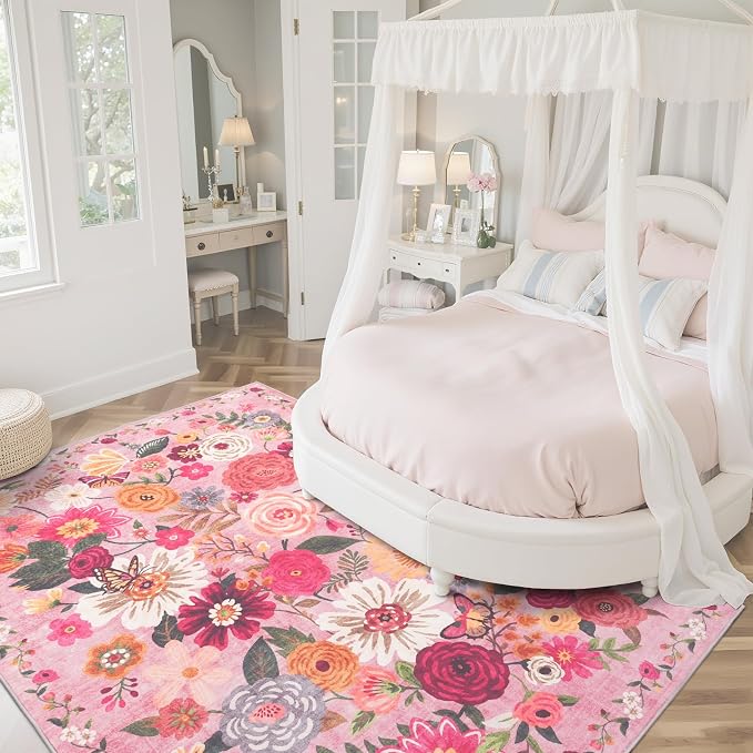 Pink Floral Area Rug 5x7 for Living Room Bedroom | Ultra-Thin; Non Slip; Stain - Image 2