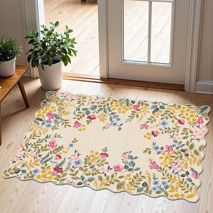 Front Door Mat Outside Entrance 2x3 Beige Colorful Floral Entry Rug | Non-Slip by Othilic
