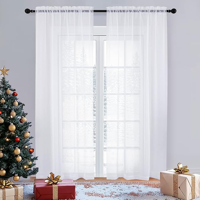 White Sheer Curtains 84 inches Long 2 Panels Set, Sheer White Curtains by OVZME