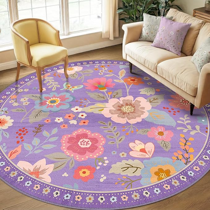 RELEANY Floral Washable Round 8ft Area Rug Purple/Pink | Flower Carpet Print by RELEANY