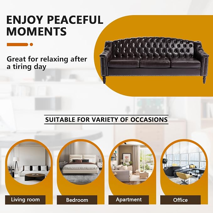 LEVNARY Mid-Century Modern Leather Couch, Chesterfield Sofa Sleeper Settee - Image 4