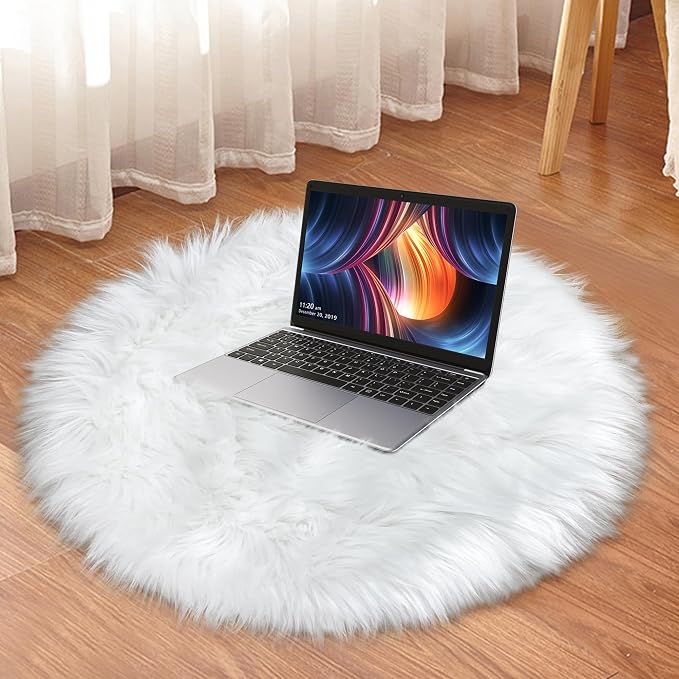 White Faux Fur Rug 2x2 Feet Small Round Fluffy Rug, Faux Sheepskin Circle Shag - Image 6