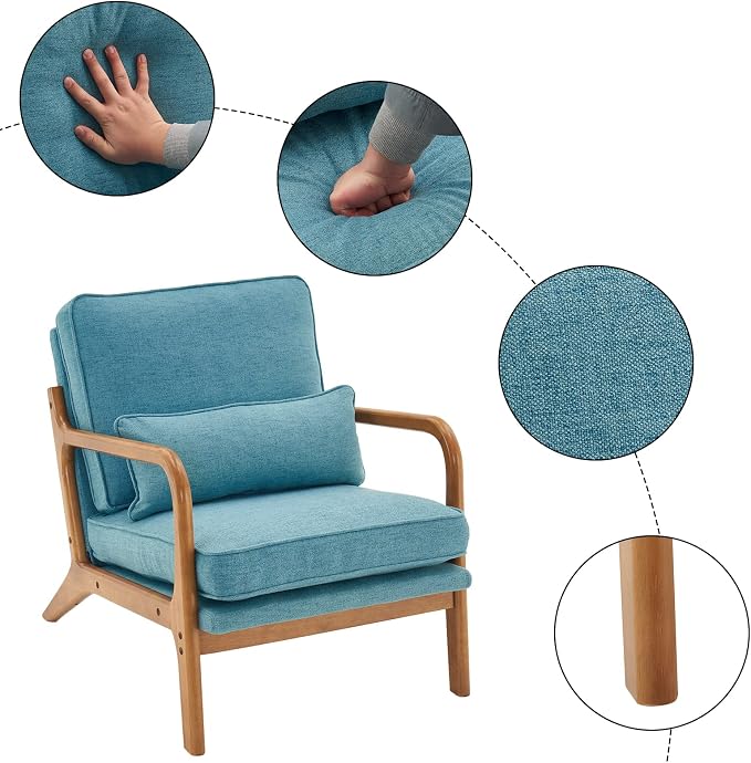 VINGLI Linen Teal Comfy Accent Chair, Mid Century Modern Lounge Armchair - Image 3