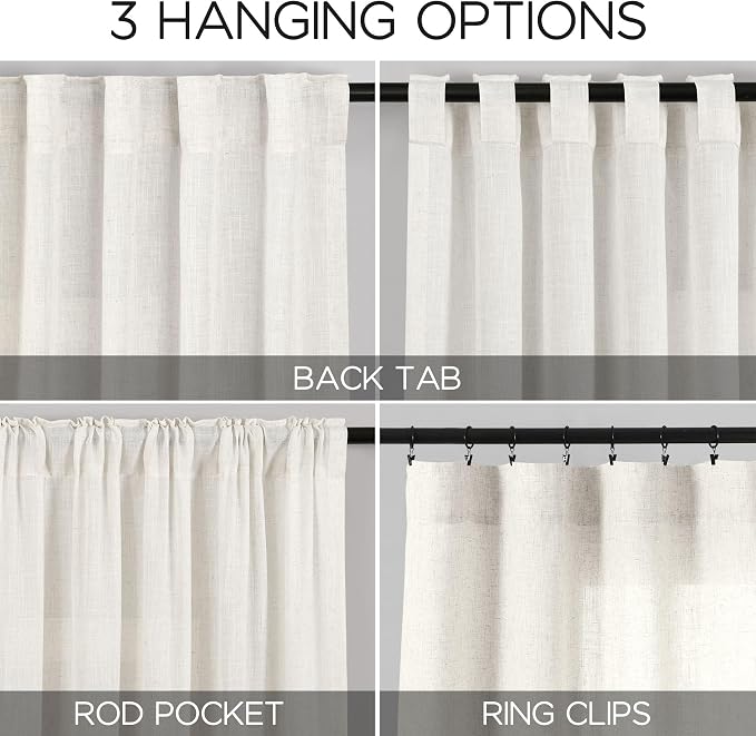 Beige White Linen Curtains 84 Inch Length 2 Panels Set - Image 2