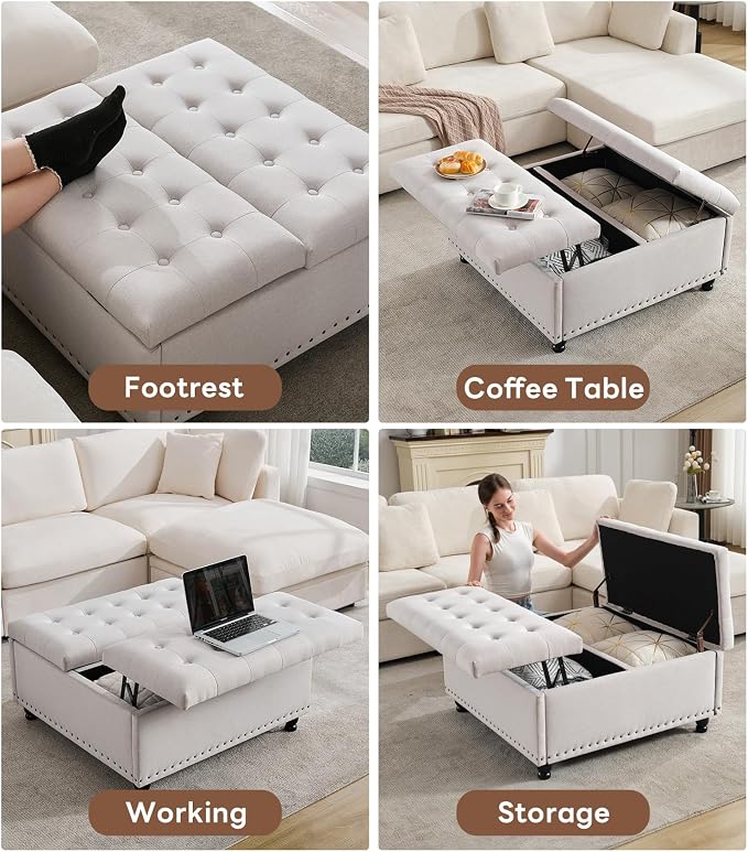 Tbfit Large Square Storage Ottoman Bench, Tufted Upholstered Coffee Table - Image 3