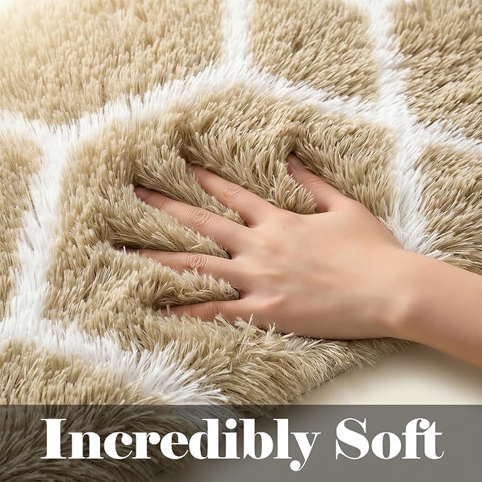 Area Rugs for Bedroom Living Room, 4x6 Fluffy Beige and White Geometric Rug | - Image 2