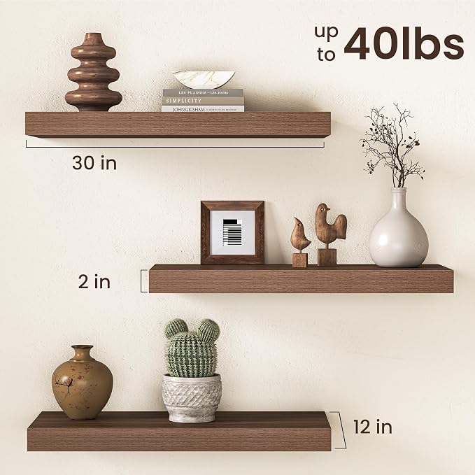 30Inch Walnut Floating Shelves for Wall, 12 Inch Deep Shelves for Bedroom - Image 3