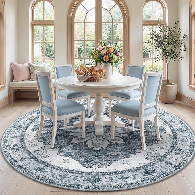 RELEANY Area Rugs Round 7ft Washable Non-Slip, Floral Vintage Distress Print by RELEANY
