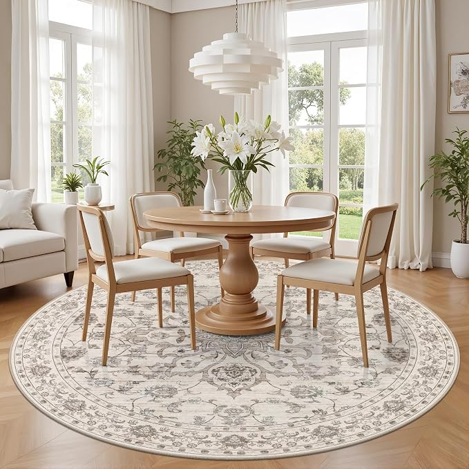 Round Area Rug for Living Room: 4ft Boho Washable Rug Brown Beige | Vintage - Image 3