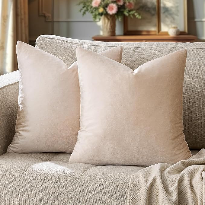 GIGIZAZA Velvet Pillow Covers 22x22 Decorative Pillows Pack of 2 Beige | - Image 6