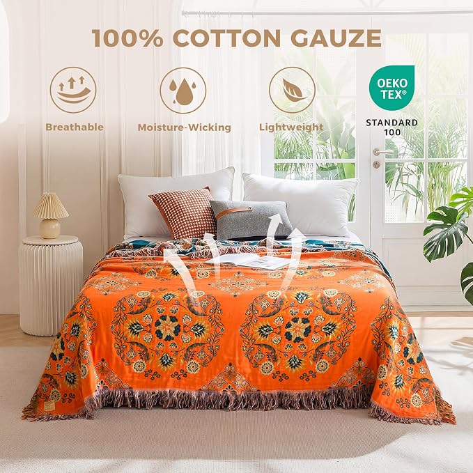 LUTBM Boho Throw Blanket for Bed 100% Cotton Soft Lightweight Quilt Floral - Image 2