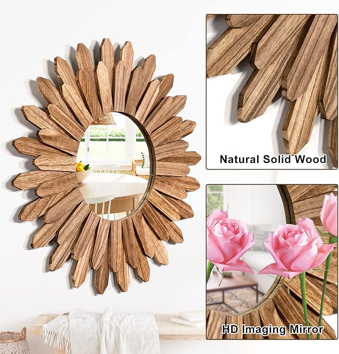 Emfogo Wall Mirror 21 inch Rustic Wood Sunburst Boho Mirror Wall Decor Home - Image 4