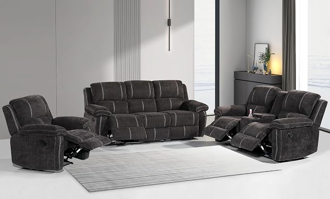 Betsy Furniture Modern Fabric Recliner Sofa Set, Loveseat w/Console, Recliner by BetsyFurniture