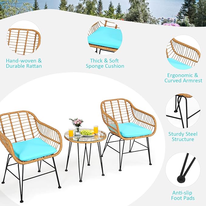 Tangkula 3 Pieces Patio Bistro Set, Rattan Conversation Set - Image 6