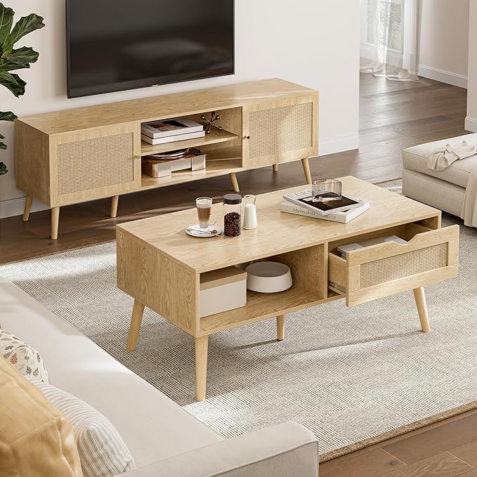 ZttRiee Coffee Table with Storage, Boho Dining Table with Rattan Drawer and - Image 3