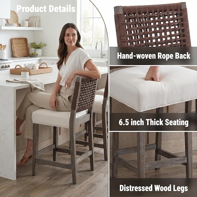 27-Inch Midcentury Modern Counter Stools, Wooden Wicker Stool Chairs - Image 5