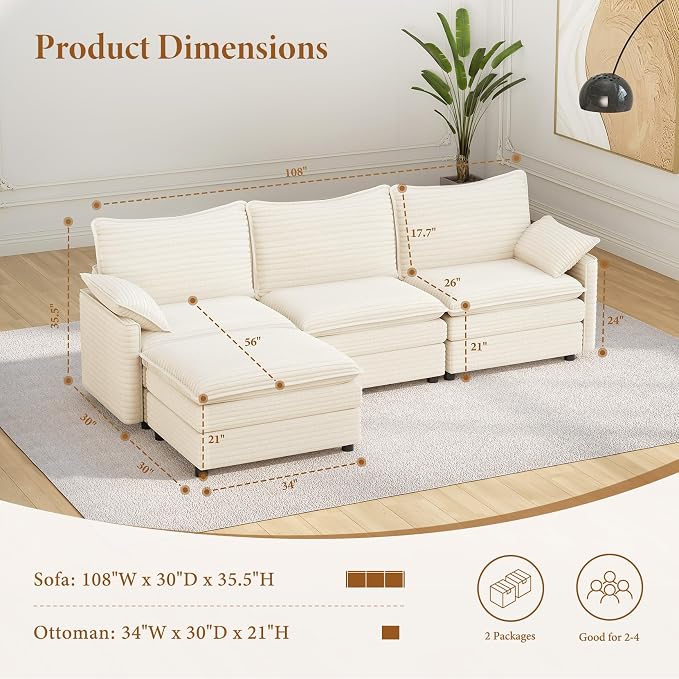 Vesgantti 108" Modular Cloud Couch, Deep Seat Sectional Sofa - Image 2