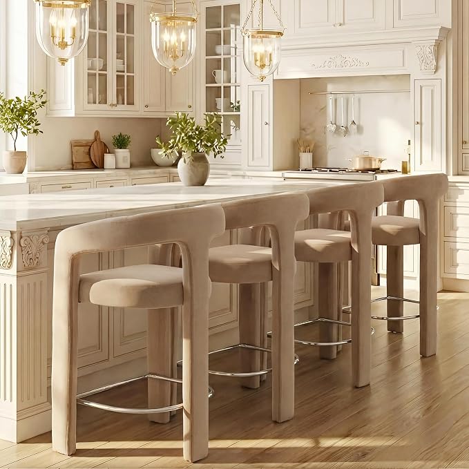 HNY 26 Inch Modern Tall Barrel Bar Stools Set of 4, Velvet Upholstered Barstools - Image 8