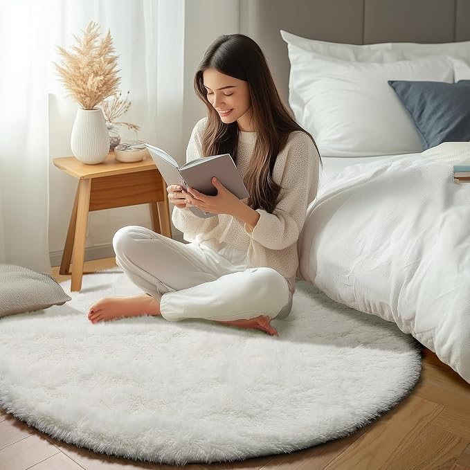Cream White Round Area Rug 4ft, Fluffy Ultra Soft Bedroom Circle Rugs Floor Mat - Image 6