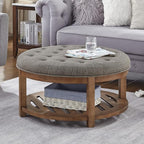 24KF Large Round Upholstered Tufted Linen Ottoman Coffee Table, Large Footrest by WEMARTHOMEDECOR