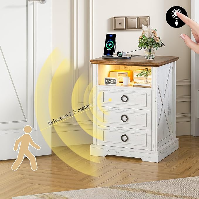 Nightstand with Charging Station, Farmhouse End Side Table with 3 Drawers and - Image 3