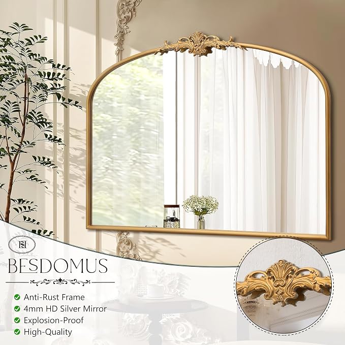 Besdomus Antique Arched Gold Mirror: 40"x29" French Large Decorative Gold - Image 7