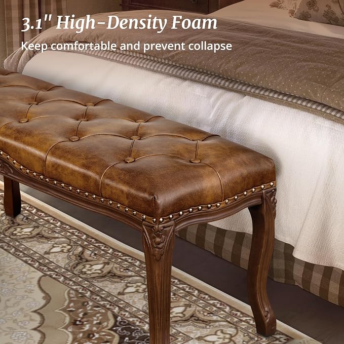 Cozyman Bedroom Bench, French Vintage Tufted Leather Bench, 45.2" Carving - Image 8