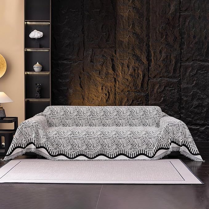 VClife Boho Couch Cover, Abstract White and Black Line Geometric Jacquard Couch - Image 2