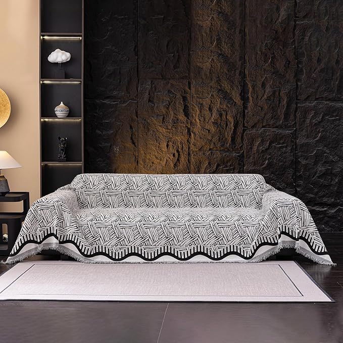 VClife Boho Couch Cover, Abstract White and Black Line Geometric Jacquard Couch - Image 2