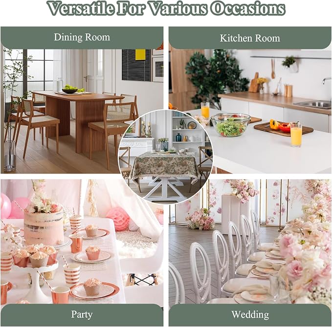Aesthetic Green and Beige Floral Table Cloth, Linen Texture Table Cloth - Image 3