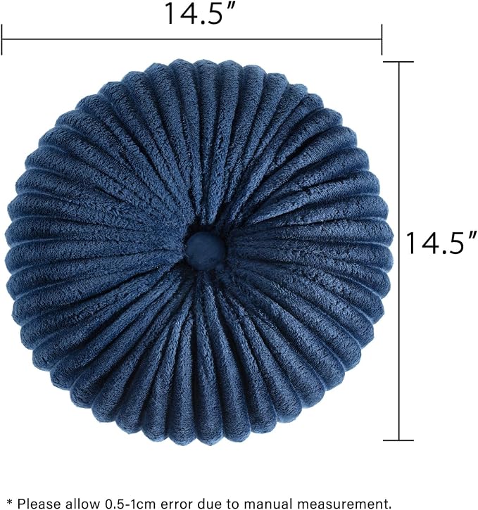 HIG Set of 2 Navy Flannel Decorative Round Pleated Throw Pillows | Vintage - Image 4