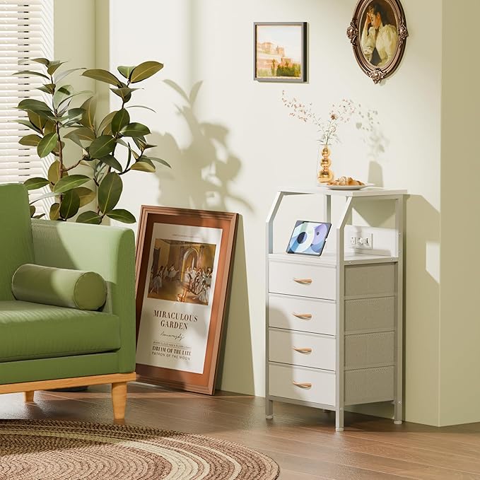 Furnulem Night Stand with Charging Station, Dresser with PVC & Fabric Drawers - Image 4