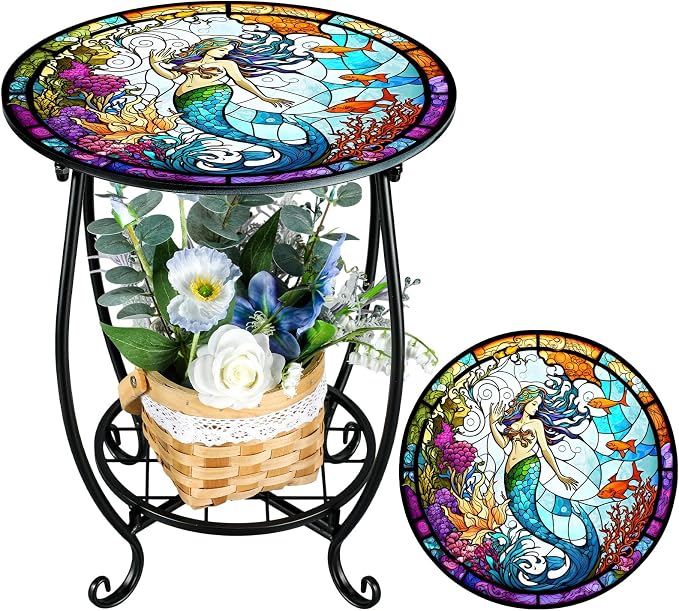 Cinnvoice Outdoor Side Table Round Small Mosaic Patio Accent Indoor End Plant by Cinnvoice