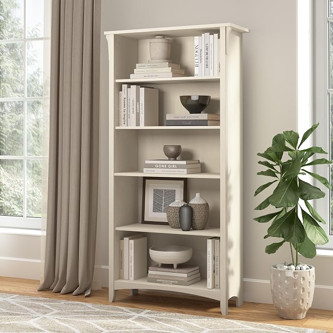 Bush Home Salinas 5 Shelf Bookcase in Antique White, Tall Bookshelf, Large Book - Image 2