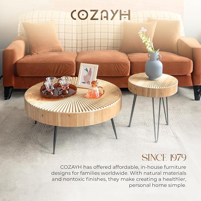 COZAYH 2-Piece Round Nesting Coffee Table Set, Natural Wood Top - Image 8