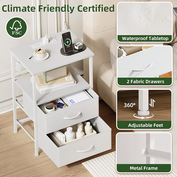Somdot White Nightstand with Charging Station and LED Light - Image 6