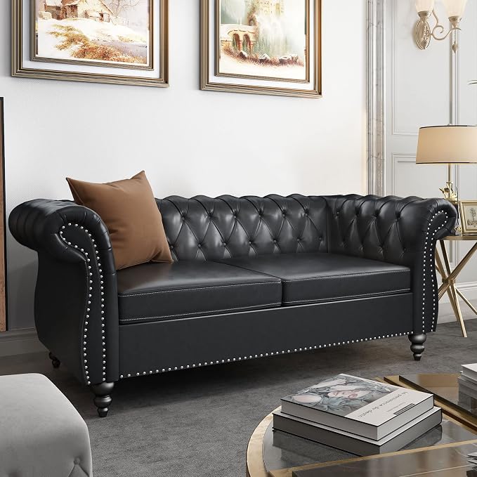 3 Piece Living Room Set, Chesterfield Leather Sofa Loveseat Couch Chair - Image 5