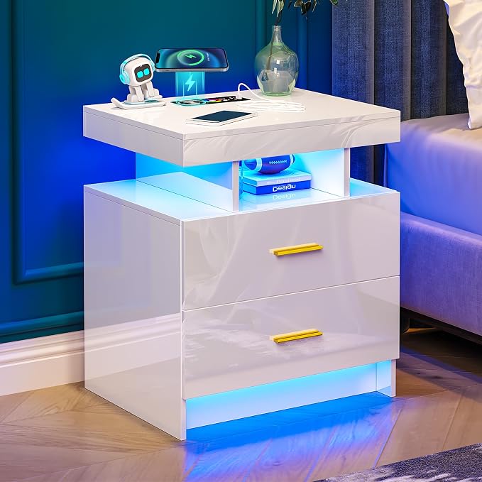 WOOVIVS Night Stand with Light, High Gloss Nightstand with USB/Wireless by WOOVIVS