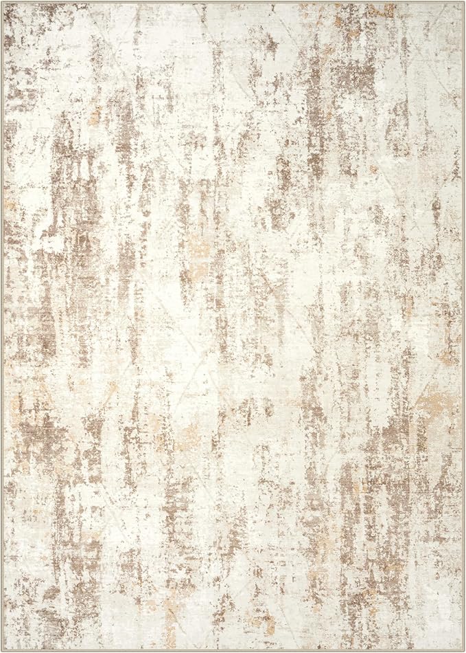 5x7 Area Rugs for Living Room: Washable Abstract Beige Grey Badroom Carpet | - Image 3