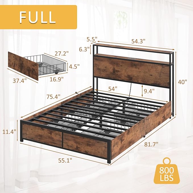 Lifezone Full Bed Frame with 2-Tier Storage Headboard, Metal Platform Bed Frame - Image 2