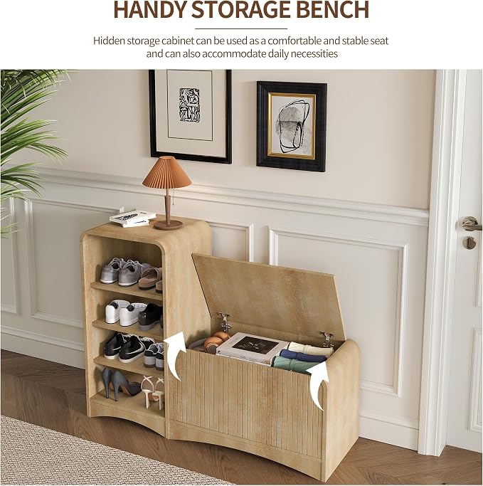 Shoe Cabinet with Bench, L-Shaped Shoe Storage Cabinet, Wood Tall Shoe Rack - Image 4