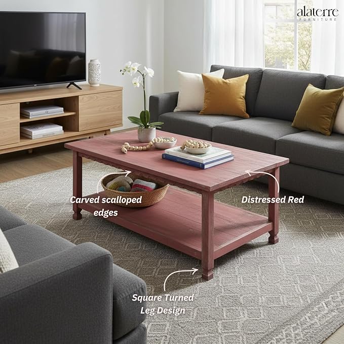 Rustic Rectangluar Coffee Table w/ 1 Shelf, Distressed Finish, Farmhouse Style - Image 5