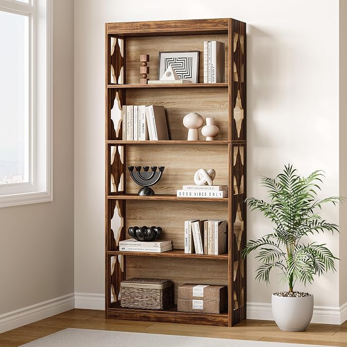 LITTLE TREE 69.9" Vintage Bookshelf, 5-Tier Tall Bookshelves, Cutout Design - Image 7