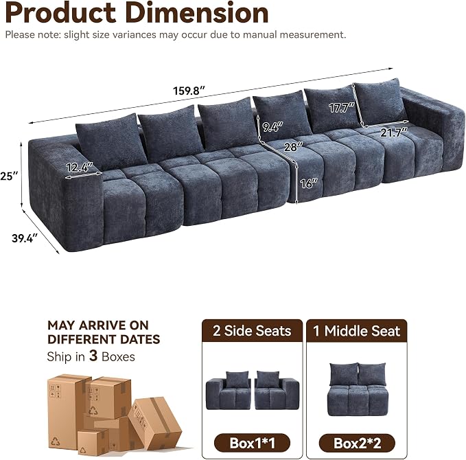 160" Oversized 6 Seater Boneless Couch, Comfy Cloud Modular Sectional Sofa - Image 2